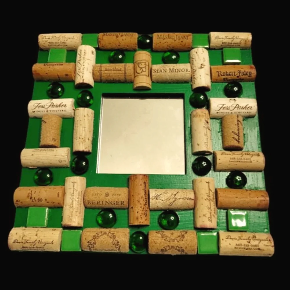 Green Round Cabochons Glass Mirror Decor with Wine Cork-NWT-Handmade